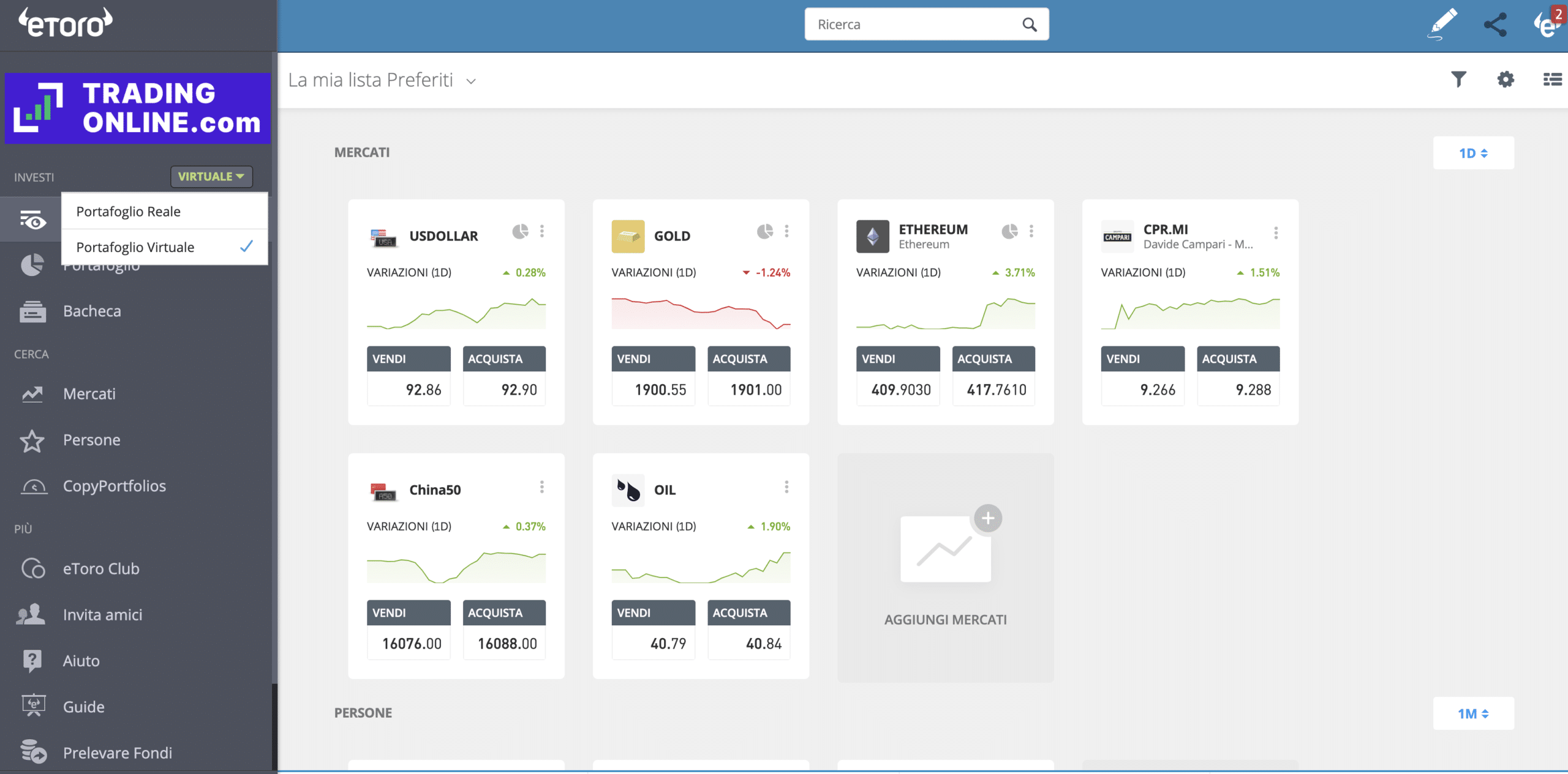 Selezione conto demo di eToro