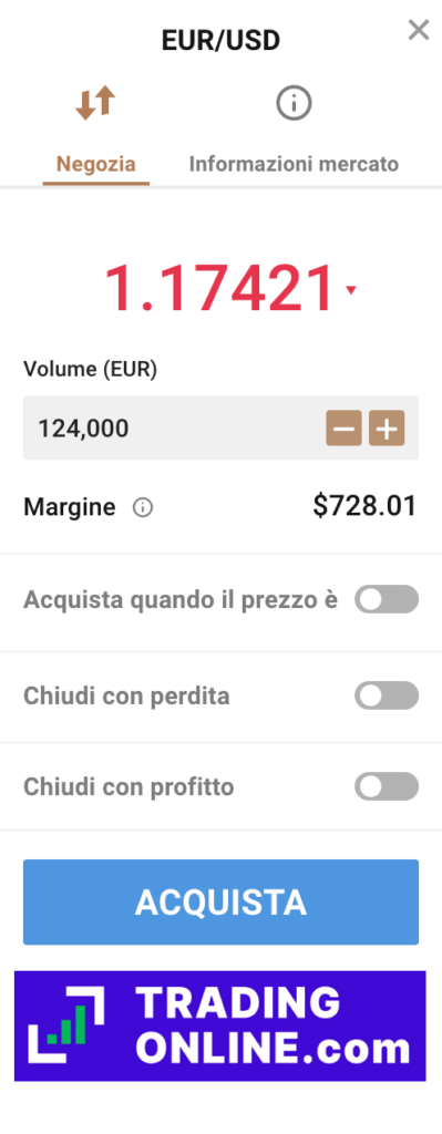 Capital.com schermata per fare ordine su EURUSD LONG