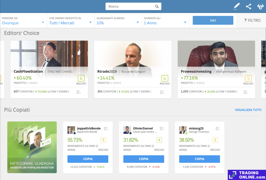 Sezione Persone Social Trading eToro - screenshot a cura di ©TradingOnline.com