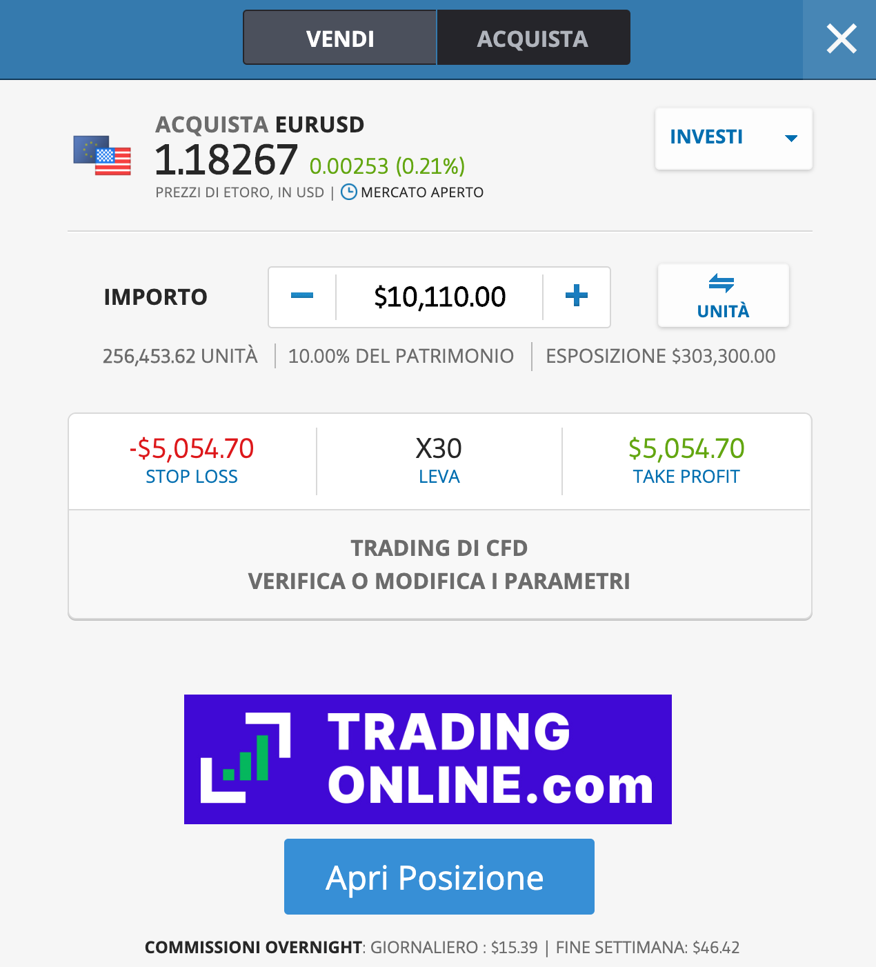 eToro ordine forex demo - screenshot a cura di ©TradingOnline.com