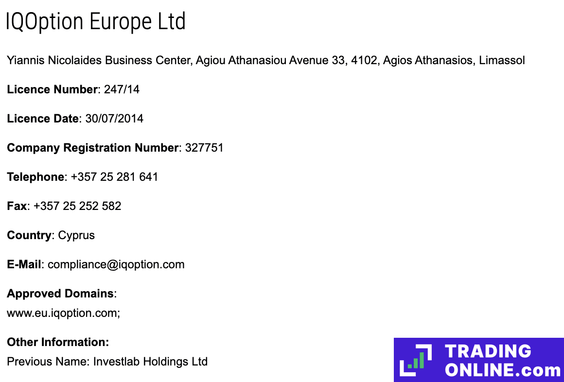 IQ Option - screenshot licenza CySEC - a cura di ©TradingOnline.com