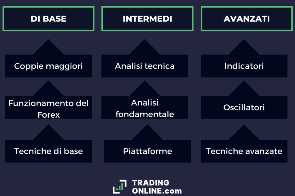 Argomenti corso Forex per difficoltà - infografica a cura di ©TradingOnline.com