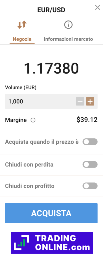 Capital.com schermata ordine EURUSD