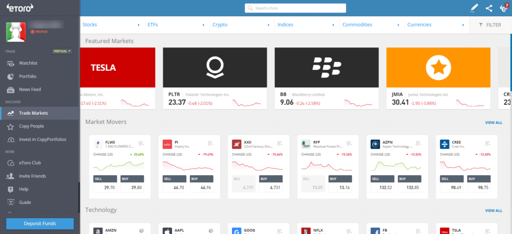 etoro platform market section where you can find tradeable assets