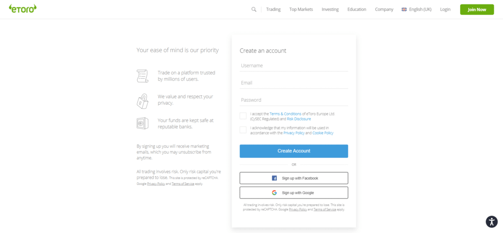 etoro form used for sign up and login into the trade account.