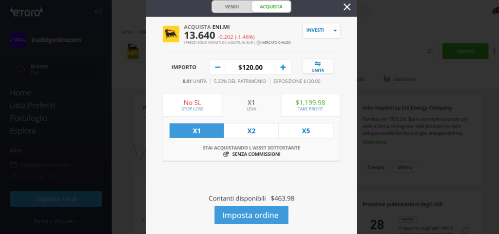 screenshot dell'acquisto di azioni ENI su eToro