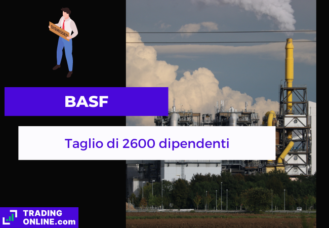 Immagine di copertina "BASF, Taglio di 2600 dipendenti", sfondo in una fabbrica chimica.