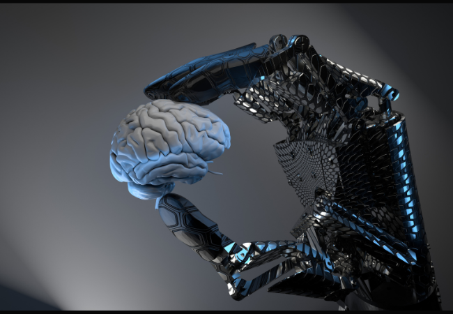 immagine di mano di robot umanoide che regge un modellino di cervello umano
