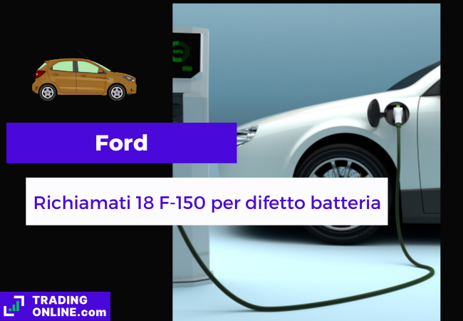 Immagine di copertina, "Ford, Richiamati 18 F-150 per difetto batteria", sfondo di un auto elettrica che viene caricata.