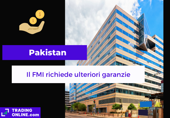 Immagine di copertina "Pakistan, L'FMI richiede ulteriori garanzie". Sfondo dell'edificio del fondo monetario internazionale.