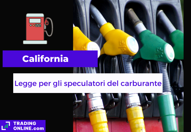 Immagine di copertina, "California, Legge per gli speculatori del carburante", sfondo di una stazione di servizio.
