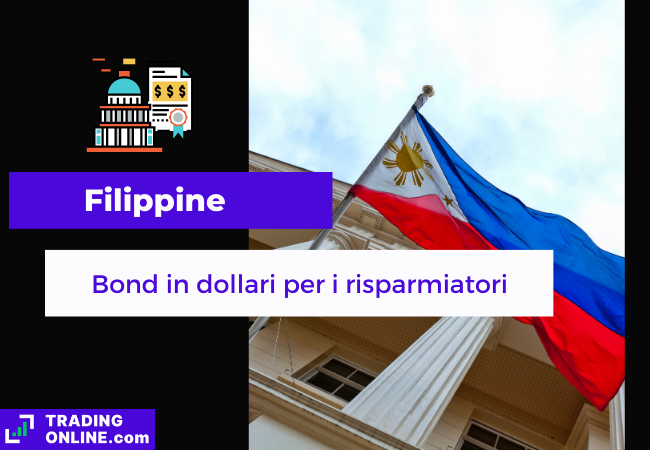 Immagine di copertina," Filippine, Bond in dollari per i risparmiatori" sfondo della bandiera filippina.