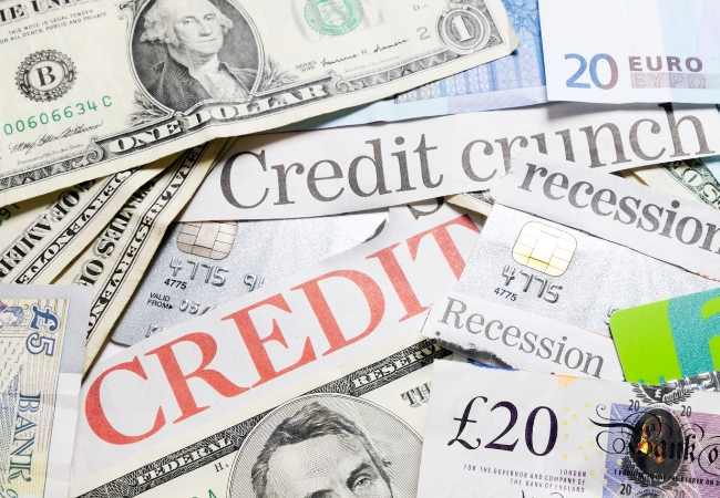 Immagine di una serie di banconote e giornali dal titolo "Credit crunch" o "recession".