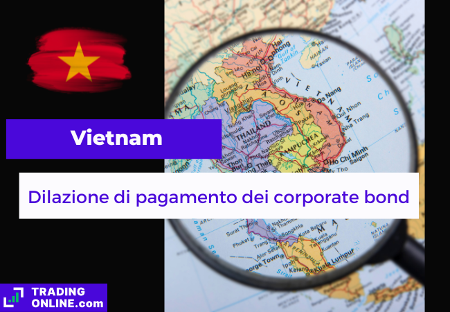 mappa politica del Vietnam con lente di ingrandimento, bandiera del Vietnam