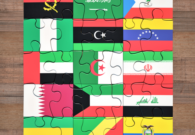 Immagine di un puzzle con le bandiere delle nazioni che fanno parte dell'OPEC.