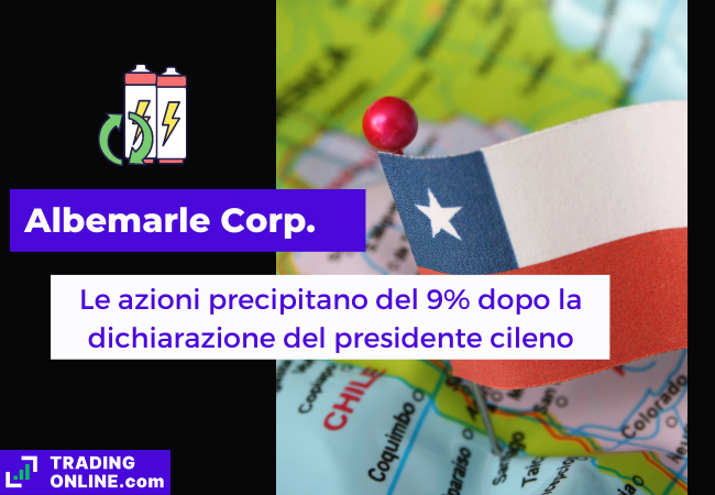 Immagine di copertina, "Albermarle Corp., Le azioni precipitano del 9% dopo la dichiarazione del presidente cileno", sfondo della bandiera del cile.