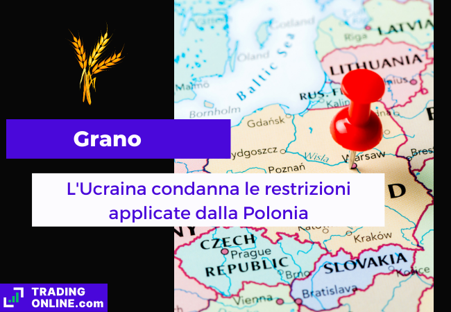 Immagine di copertina, "Grano, L'Ucraina condanna le restrizioni applicate dalla Polonia", sfondo della mappa politica dell'Europa Orientale.