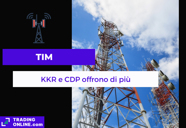 Immagine di copertina, "TIM, KKR e CDP offrono di più", sfondo di una torre per le telecomunicazioni.