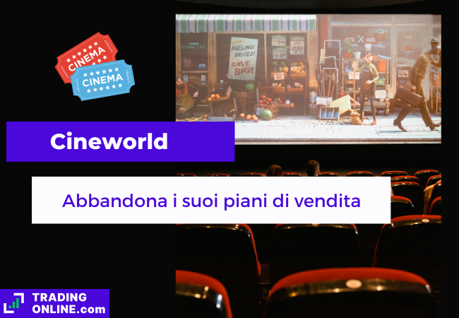 Immagine di copertina, "Cineworld, Abbandona i suoi piani di vendita", sfondo di una sala cinematografica che proietta un film