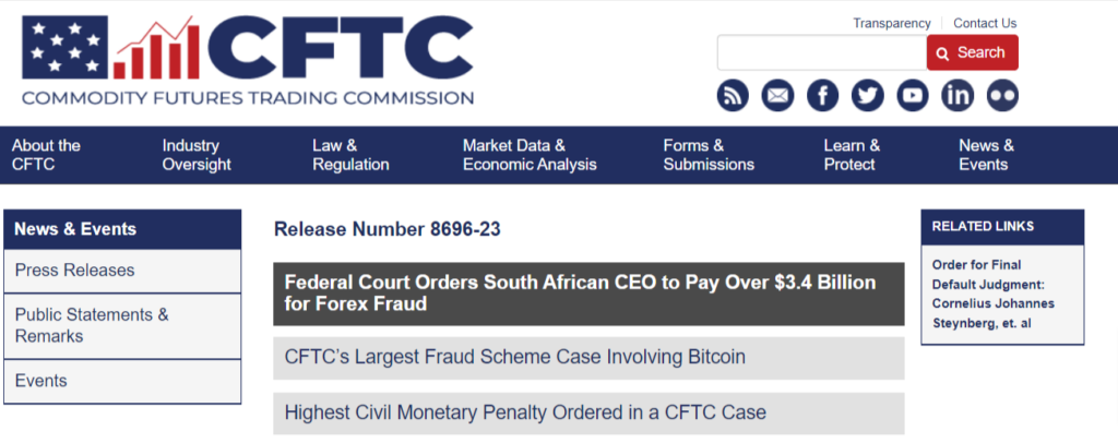 screenshot del sito della CFTC con il comunicato della condanna