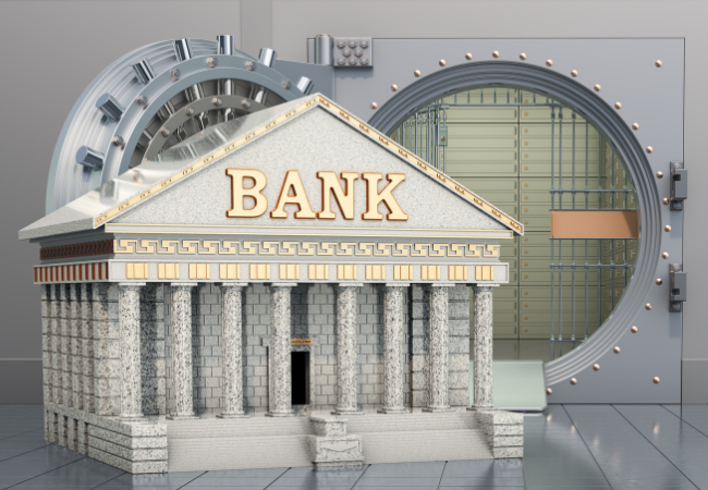immagine di un istituto bancario davanti ad un caveau aperto