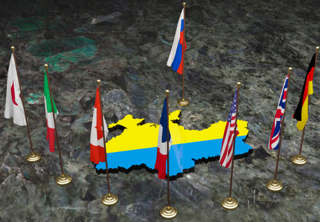 immagine delle bandiere dei Paesi del G7 che spalleggiano l'Ucraina e si oppongono alla Russia