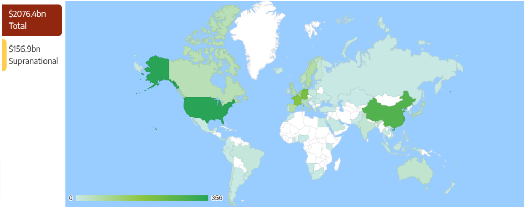 mappa del mondo che mostra le nazioni più attive nell'emissione di green bonds