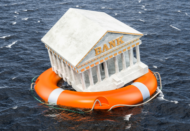immagine di edificio bancario su un salvagente in mare