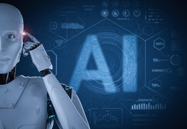 Immagine di un robot con alle spalle scritto AI.