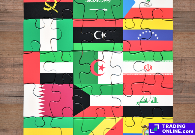 Immagine con le bandiere dei paesi facenti parte dell'OPEC+.
