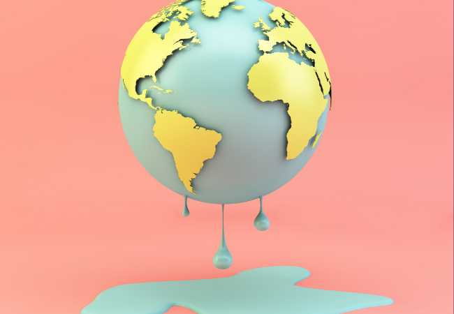 immagine in 3d di globo terrestre che si scioglie in una pozza d'acqua