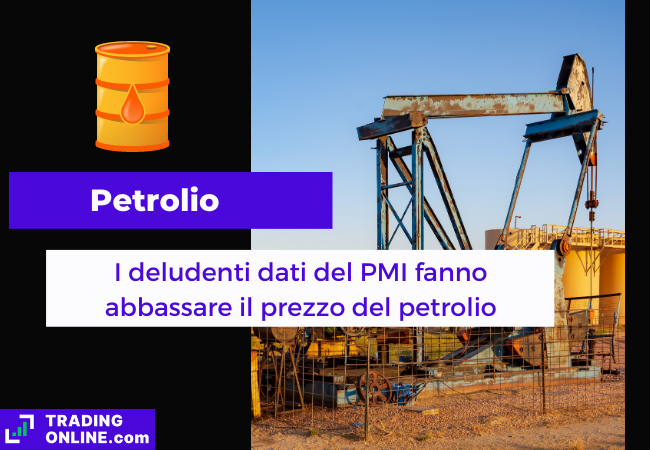 Immagine di copertina, "Petrolio, I deludenti dati del PMI fanno abbassare il prezzo del petrolio", sfondo di un pozzo petrolifero.