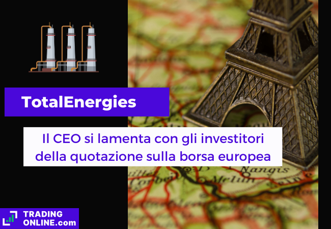 Immagine di copertina, "TotalEnergies, il CEO si lamenta con gli investitori della quotazione sulla borsa europea", sfondo della mappa della Francia con sopra la Tour Eiffel