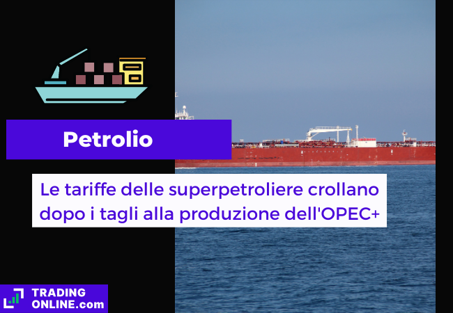 Immagine di copertina, "Petrolio, Le tariffe delle superpetroliere crollano dopo i tagli alla produzione dell'OPEC+", sfondo di una superpetroliera.