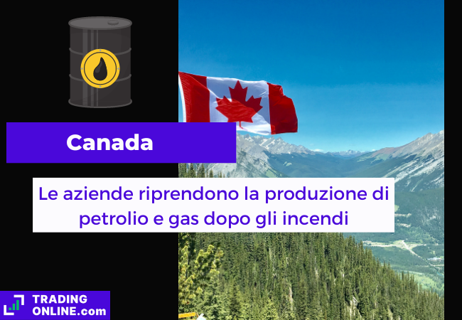 Immagine di copertina, "Canada, Le aziende riprendono la produzione di petrolio e gas dopo gli incendi", sfondo di un tipico landscape canadese con la bandiera del canada.