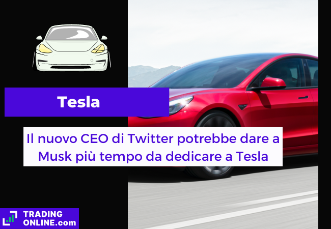 Immagine di copertina, "Tesla, Il nuovo CEO di Twitter potrebbe dare a Musk più tempo da dedicare a Tesla", sfondo di una tesla in strada.