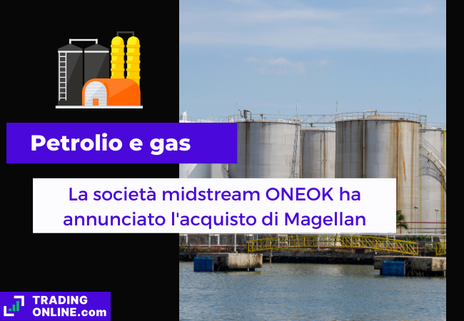 Immagine di copertina, "Petrolio e gas, La società midstream ONEOK ha annunciato l'acquisto di Magellan." , sfondo di alcuni silos per lo stoccaggio del petrolio.