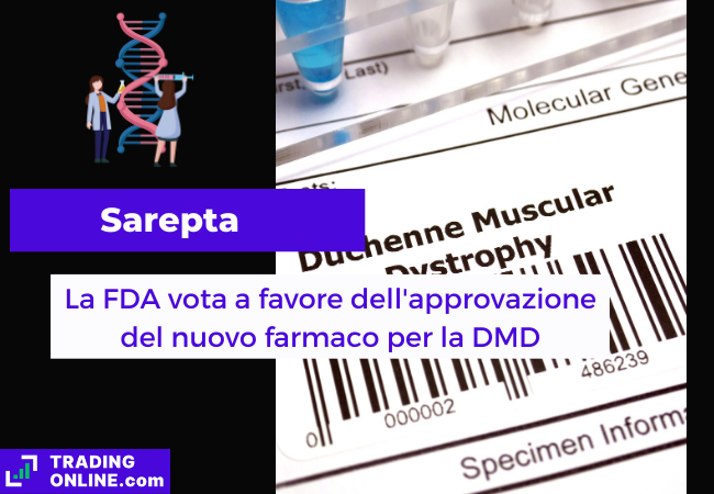 Immagine di copertina, "Sarepta, La FDA vota a favore dell'approvazione del nuovo farmaco per la DMD", sfondo di un codice a barre con su scritto "Duchenne Muscular Dystrophy".