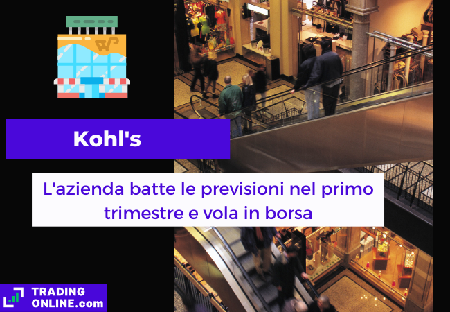 Immagine di copertina, "Kohl's, L'azienda batte le previsioni nel primo trimestre e vola in borsa", sfondo di un grande magazzino.