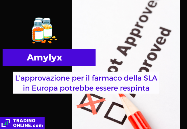 Immagine di copertina, "Amylyx, L'approvazione per il farmaco della SLA in Europa potrebbe essere respinta", sfondo di un foglio con scritto "Not Approved" e "Approved", il primo è flaggato.