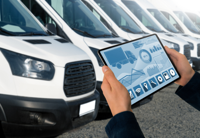 immagine di manager con un tablet che gestisce la flotta di camion sullo sfondo