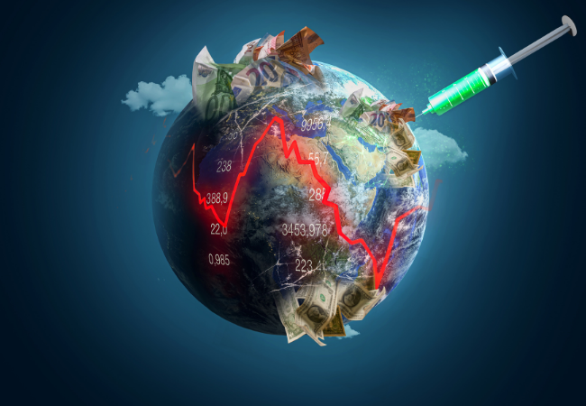 immagine di globo terrestre con iniezione di banconote e grafico in sovrimpressione