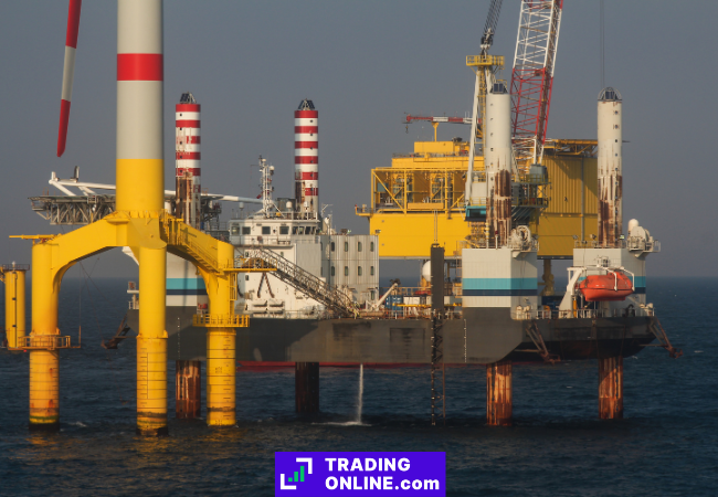 foto di una nave e una piattaforma impegnate nella costruzione di una pala eolica offshore
