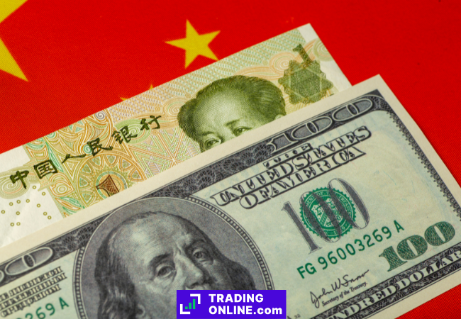 foto di una banconota di yuan e una di dollaro americano