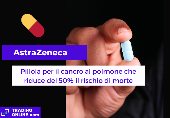 Immagine di copertina, "AstraZeneca, Pillola per il cancro al polmone che riduce del 50% il rischio di morte", sfondo di due dita che impugnano una pillola.