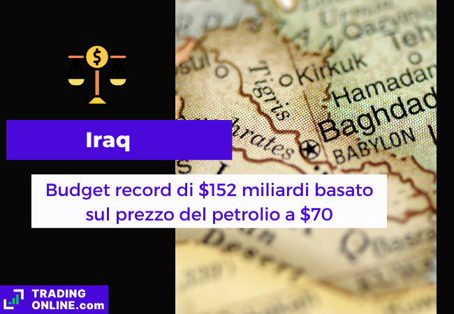 Immagine di copertina, "Iraq, Budget record di $152 miliardi basato sul prezzo del petrolio a $70", sfondo della mappa politica dell' Iraq.