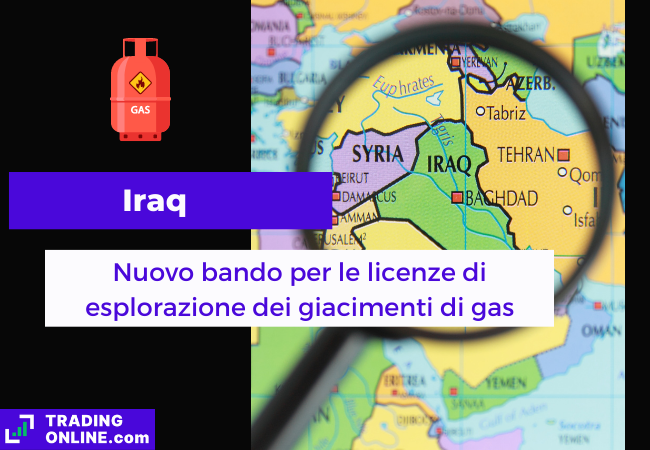 Immagine di copertina, "Iraq, Nuovo bando per le licenze di esplorazioni dei giacimenti di gas", sfondo della mappa politica dell'Iraq.