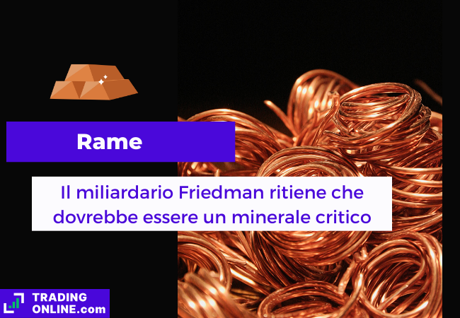 Immagine di copertina, "Rame, Il miliardario Friedman ritiene che dovrebbe essere un minerale critico", sfondo di alcune filamenti di rame.