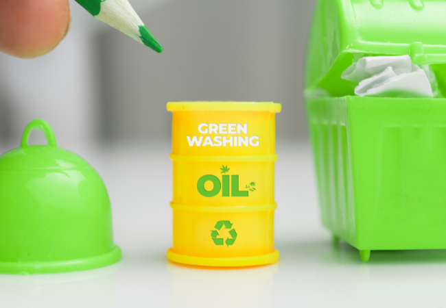 Immagine di un barile di petrolio con su scritto "GREEN WASHING".