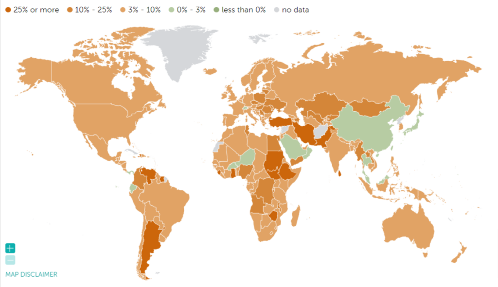 Mappa dell'inflazione nel mondo.